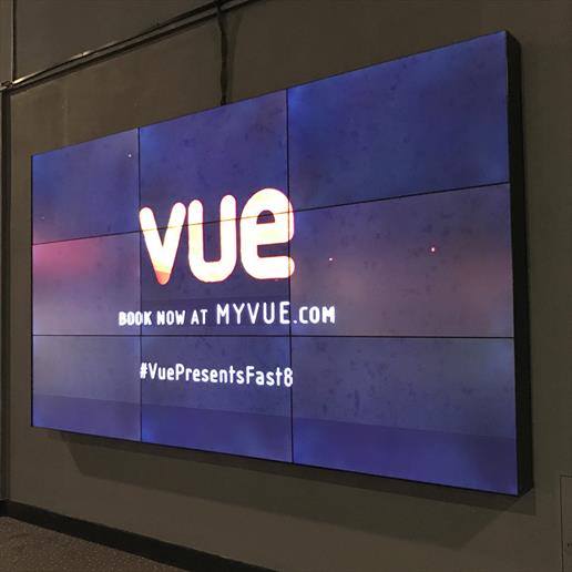 Vue Cinema Digital signage, Digital signage roll out, indoor digital signage, digital signage, video wall screens, narrow bezel video walls, bespoke digital signage, custom digital signage
